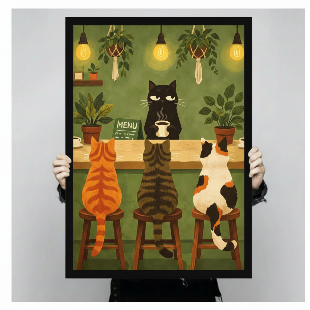 Two hands in black jacket sleeves holding a large black framed funny cat cafe illustration of a grumpy black cat barista with sleepy eyes holding a hot coffee cup behind a wooden counter while an orange tabby a striped tabby and a calico cat sit back-to-viewer on wooden bar stools with a chalkboard menu macrame hanging plants and Edison bulb lights on an olive green background whimsical cat cafe canvas art print, front-facing vertical product size display