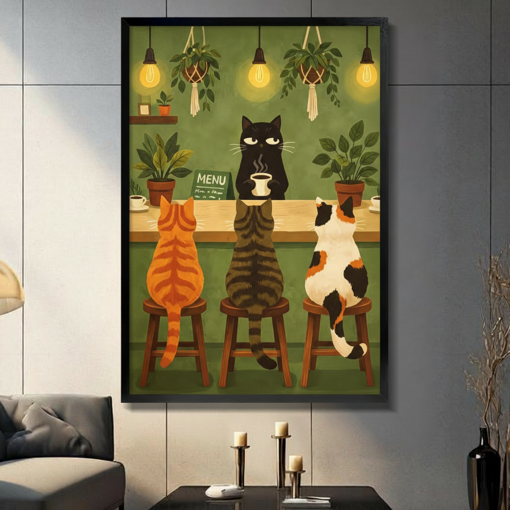 Black framed whimsical cat cafe illustration of a grumpy black cat barista with half-lidded eyes holding a steaming coffee cup behind a wooden bar counter serving three cats seated back-to-viewer on wooden stools an orange tabby a dark striped cat and a calico cat with a chalkboard menu macrame hanging plants and warm Edison bulb pendant lights on a deep olive green wall funny cat cafe canvas wall art displayed in a modern dark gray tile paneled living room with charcoal sofa black coffee table and three me