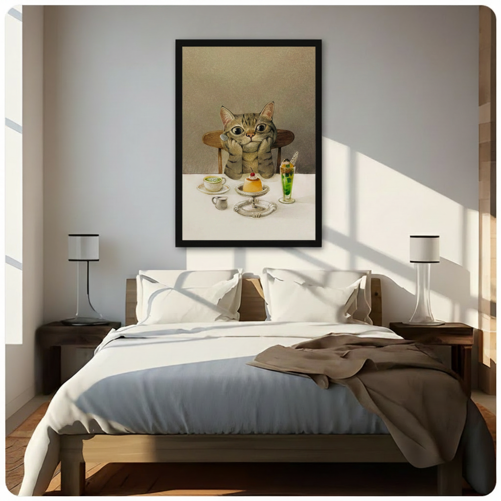 Charming cat at dessert table wall art in black frame above bed, whimsical animal canvas print adding warmth to neutral bedroom interior