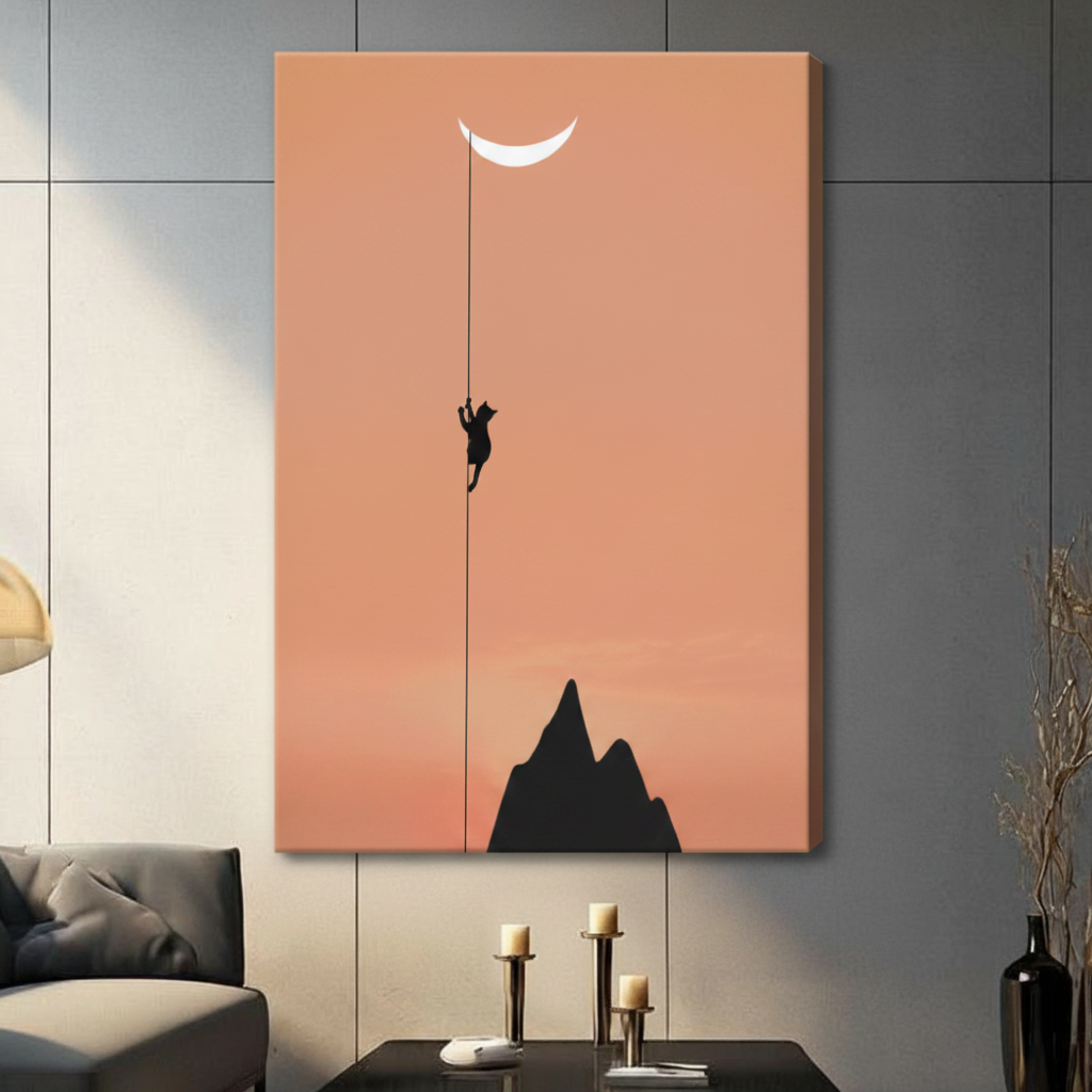 Gallery-wrapped canvas print featuring a cat silhouette reaching for the crescent moon over mountain peaks on a warm terracotta background