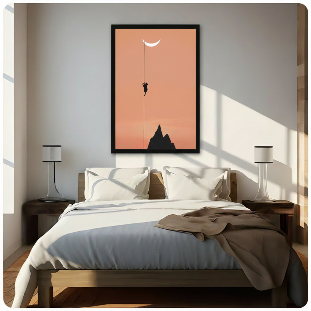 Black-framed minimalist cat and crescent moon silhouette art print above a wooden bed in a sunlit warm-toned bedroom