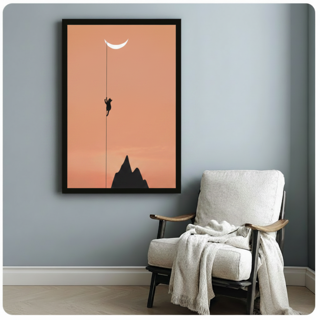 Framed terracotta-toned cat silhouette wall art with crescent moon and mountain, displayed on a blue-grey wall beside a white linen armchair
