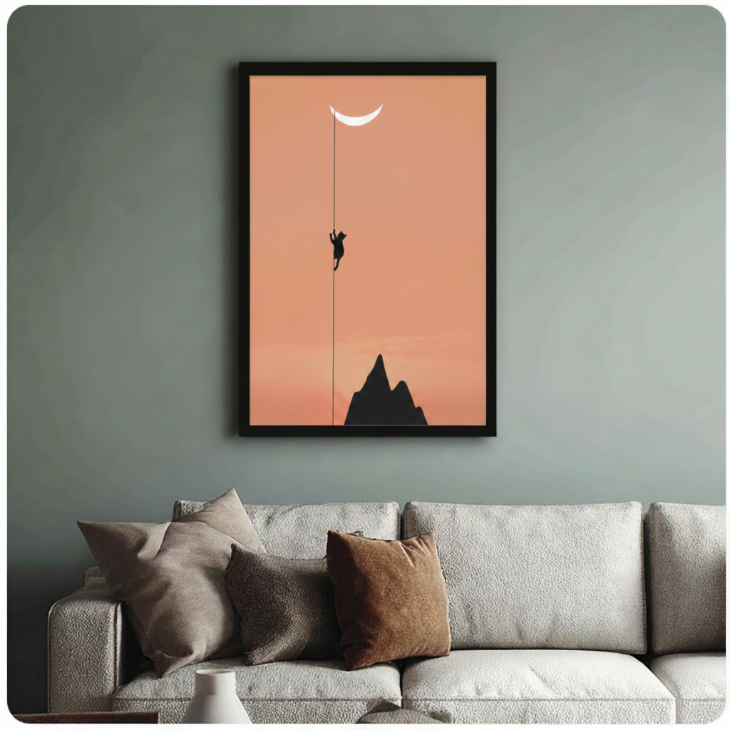 Black-framed minimalist cat and moon art print hung above a neutral linen sofa on a muted sage green wall
