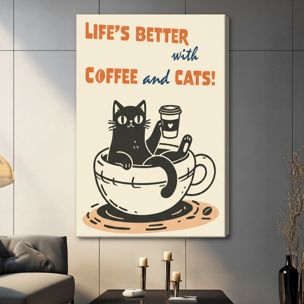 Gallery wrap stretched canvas of a funny black cat sitting in a coffee cup with Life's Better with Coffee and Cats typography hung frameless on a dark gray wall above candlestick holders