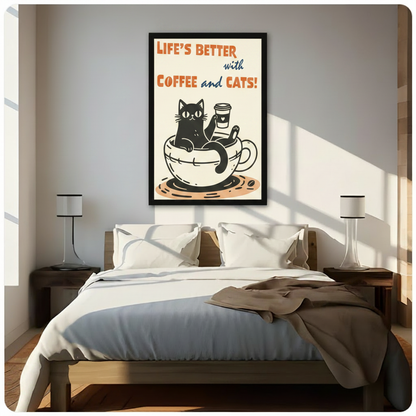 Black framed funny cat coffee quote wall art canvas hung above a dark wood bed with white linen bedding in a sunlit neutral bedroom with warm diagonal light and glass table lamps
