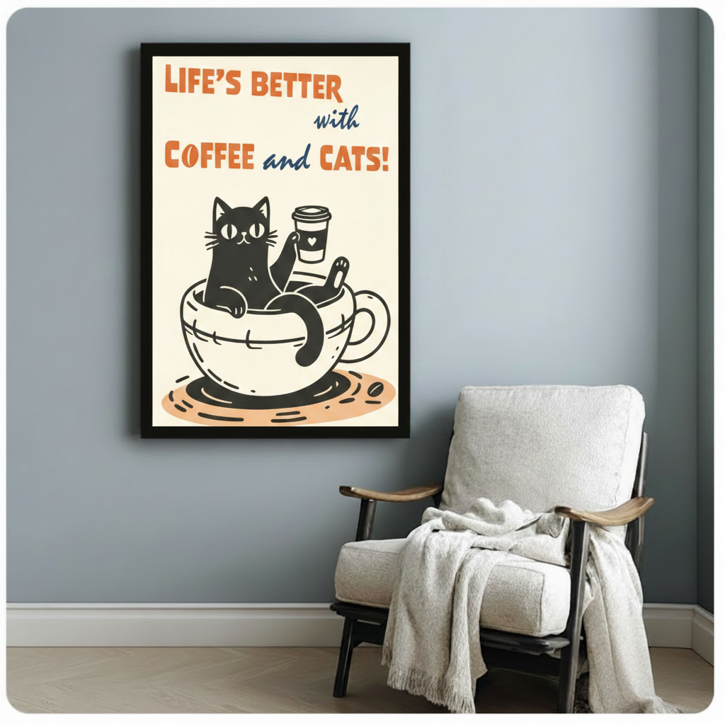 Black framed retro cat and coffee poster canvas print with cream background hung on a soft blue-gray wall beside a white linen wood armchair with a cream knit throw blanket