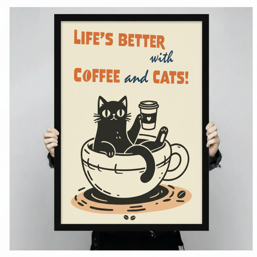 Hands holding a large black framed Life's Better with Coffee and Cats retro canvas art print against a neutral gray background, front-facing product size reference display