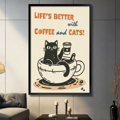 Black framed retro cat coffee canvas wall art with cream background and orange blue typography displayed in a modern dark gray living room with candlesticks and tall black vase