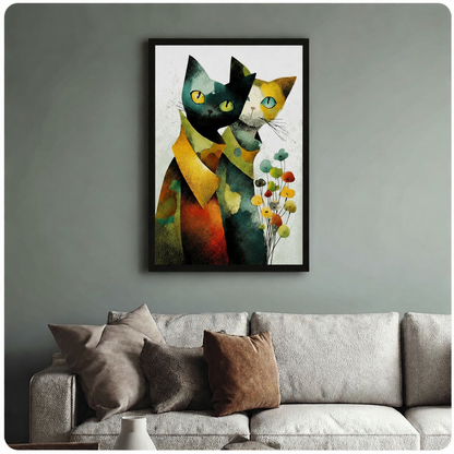 Black framed abstract cat couple art print above neutral sofa on sage green living room wall