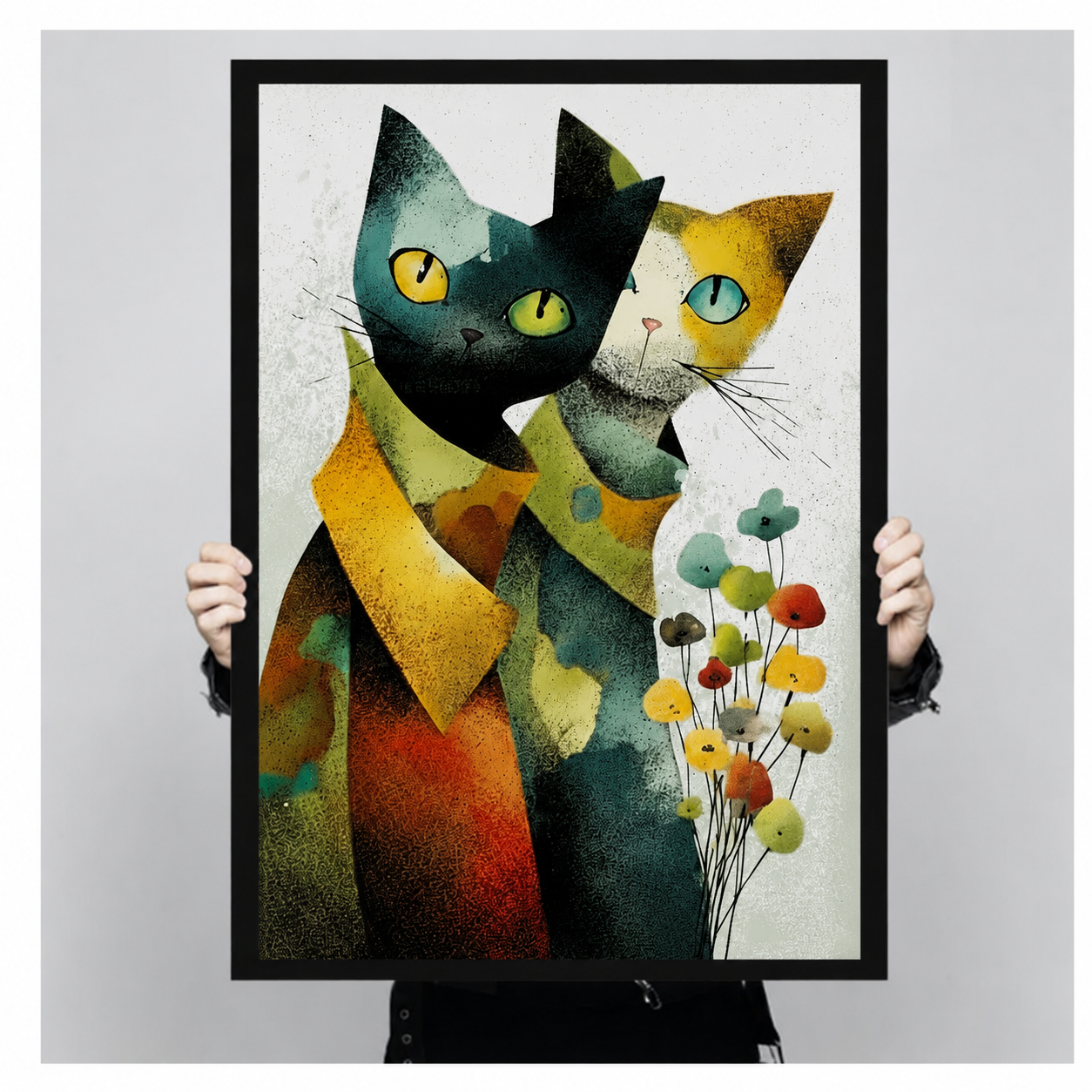 Hand-held size display of abstract cat couple canvas wall art in black frame on white background