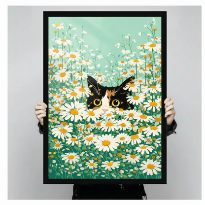 Person holding black framed canvas showing calico cat peeking through white daisies, mint green floral cat illustration size reference print