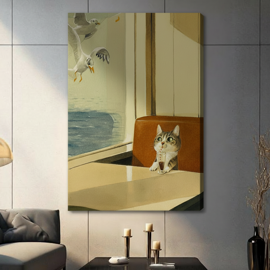 Cat at diner table with seagull canvas wrap wall art, frameless stretched canvas in dark living room scene