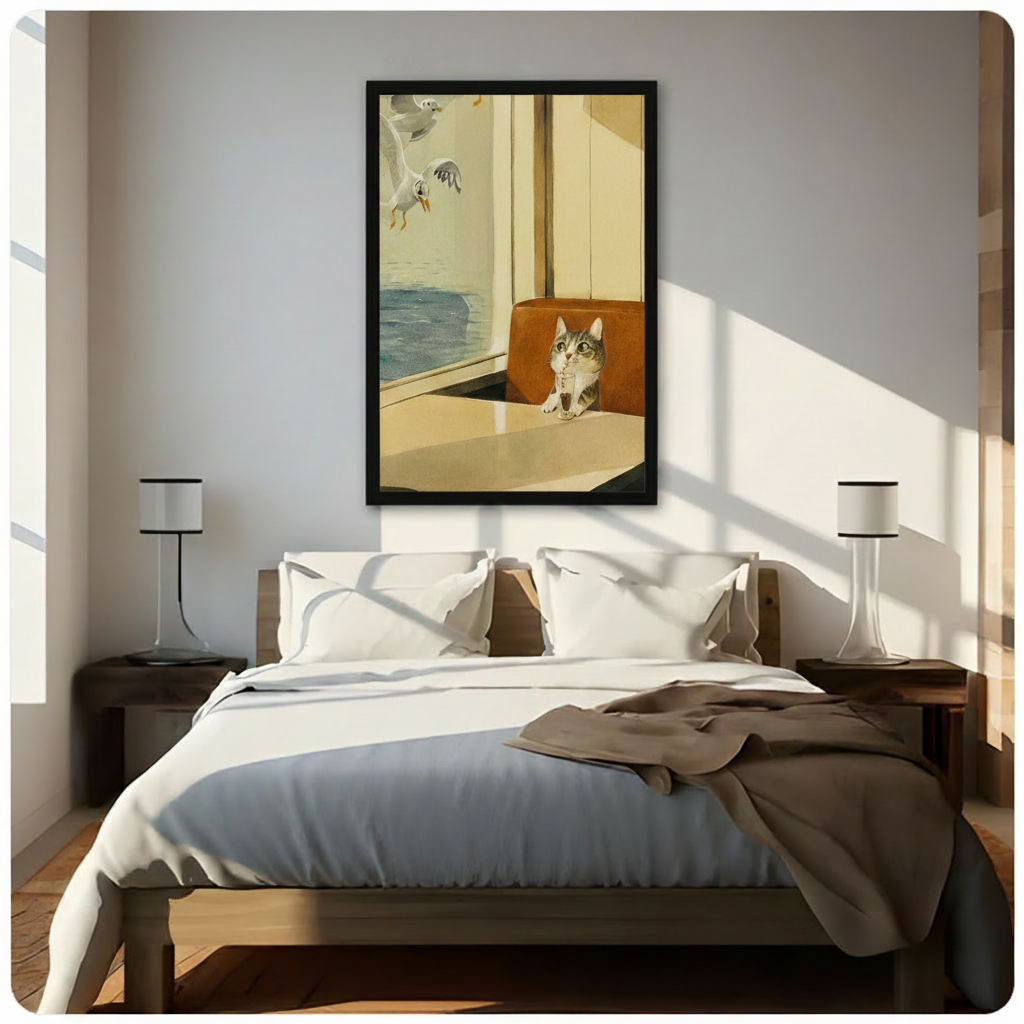 Cat at diner with seagulls funny wall art in black frame above a white bed in a sunlit bedroom