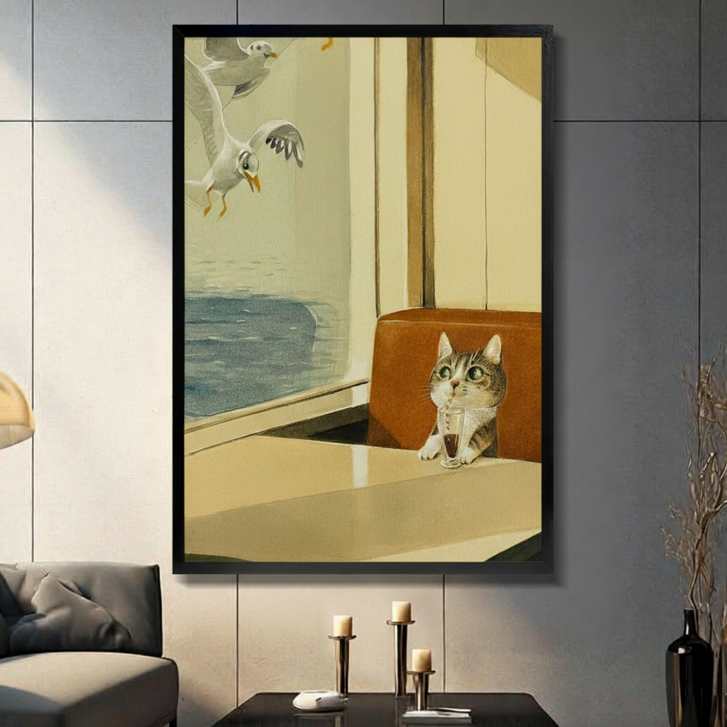 Funny cat sitting in diner booth with drink watching seagulls, framed wall art in dark modern living room