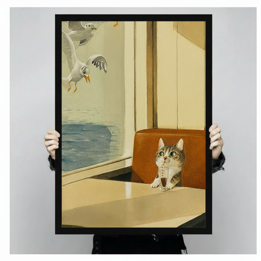 Hands holding cat diner seagull framed art print, front-facing product display on grey background