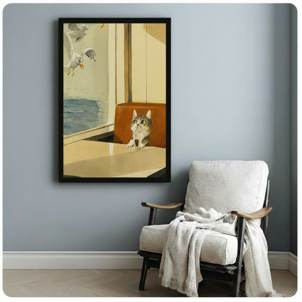 Cat watching seagulls framed poster art on blue-grey wall beside a white linen reading chair
