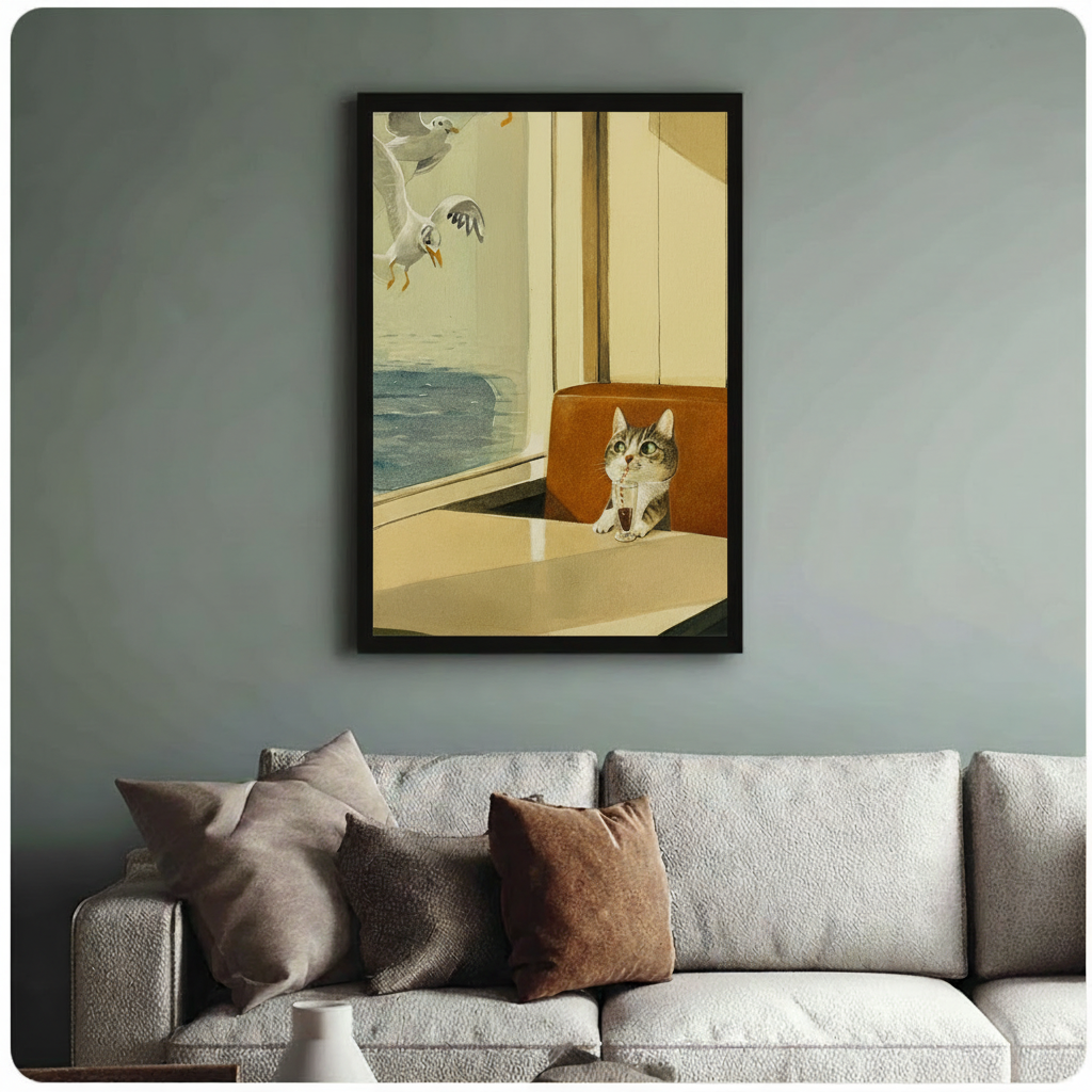 Humorous cat diner seagull art print in black frame above a sage green sofa in a cozy living room