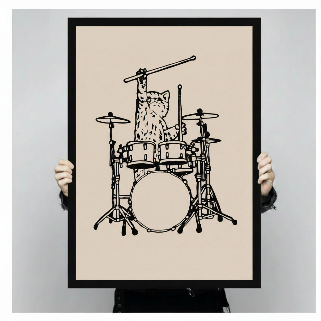 Person holding large black framed cat playing drums illustration print showing full drum kit line art detail