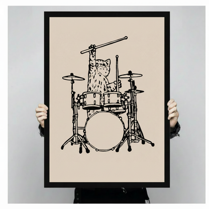 Person holding large black framed cat playing drums illustration print showing full drum kit line art detail
