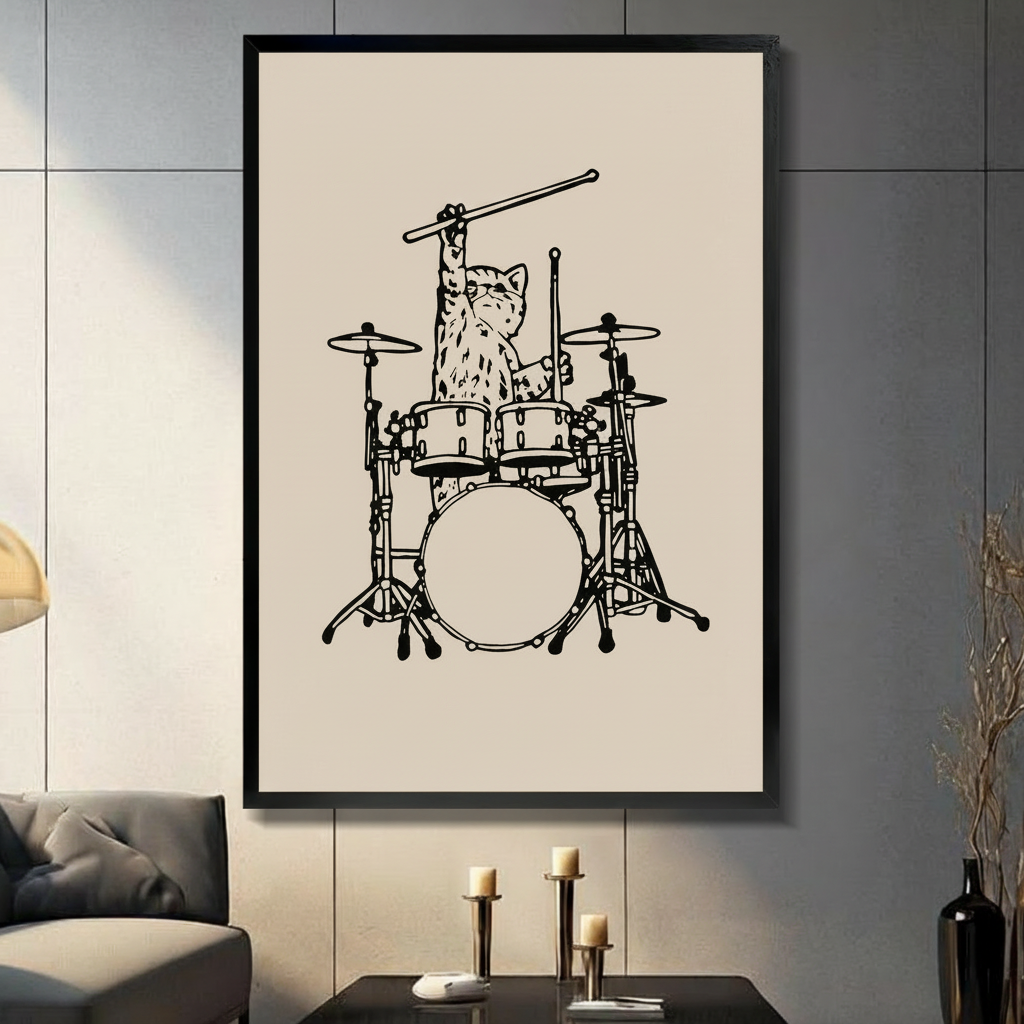 Minimalist cat playing drums line art print in black frame displayed on dark gray wall in modern living room