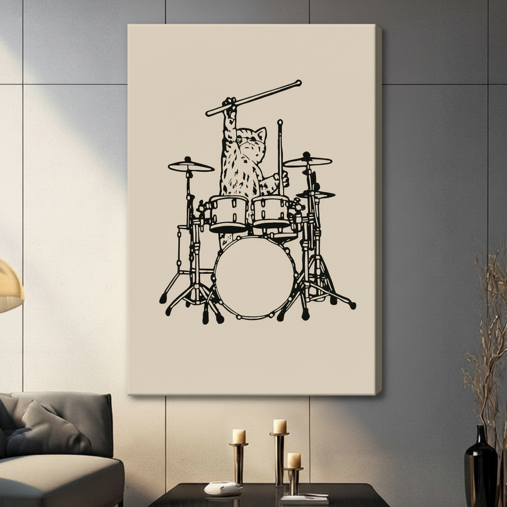 Frameless canvas wall art featuring minimalist black line drawing of a cat at a drum kit on beige background