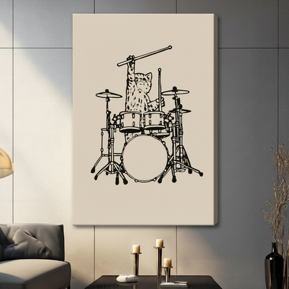 Frameless canvas wall art featuring minimalist black line drawing of a cat at a drum kit on beige background