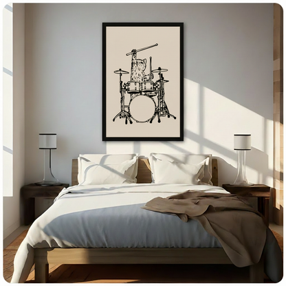 Minimalist cat drummer line art in black frame mounted above bed in bright Scandinavian-style bedroom