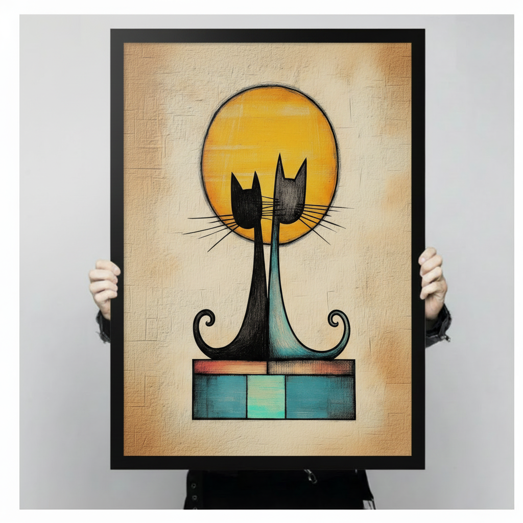 Person holding large framed canvas print of two abstract cats silhouetted against golden moon — premium mid-century modern wall art