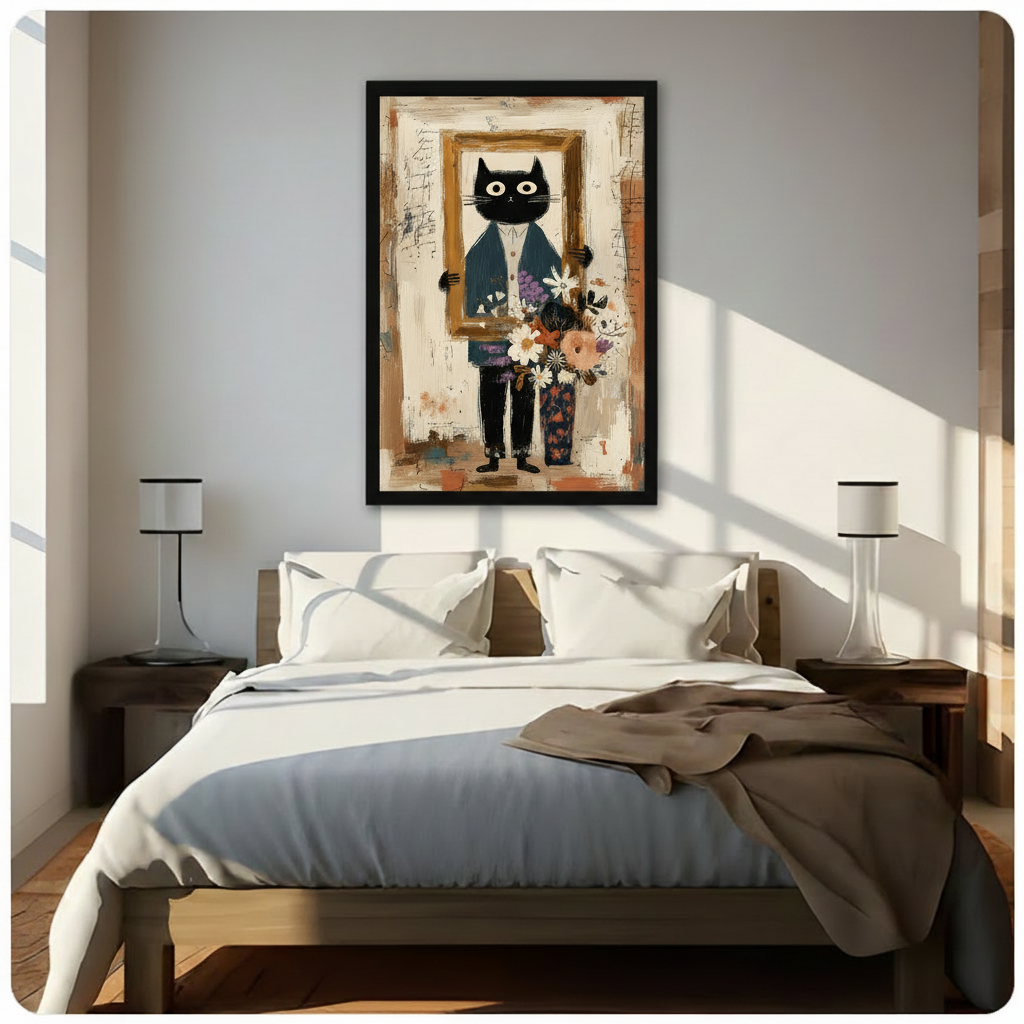 Whimsical black cat gentleman canvas wall art with black frame hung above wooden bed headboard in bright bedroom, abstract expressionist cat with floral vase painting