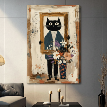 Frameless canvas print of dapper black cat in suit holding golden frame beside flower vase displayed on gray living room wall, eclectic abstract painting