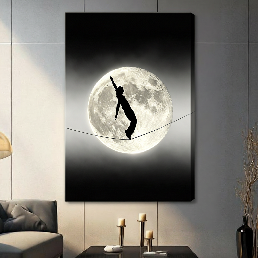 Black and white surreal photograph of a cat-girl silhouette with cat ears and tail balancing on a tightrope in front of a glowing full moon on a dark night sky wall art stretched canvas in living room with light gray panel wall and dark sofa