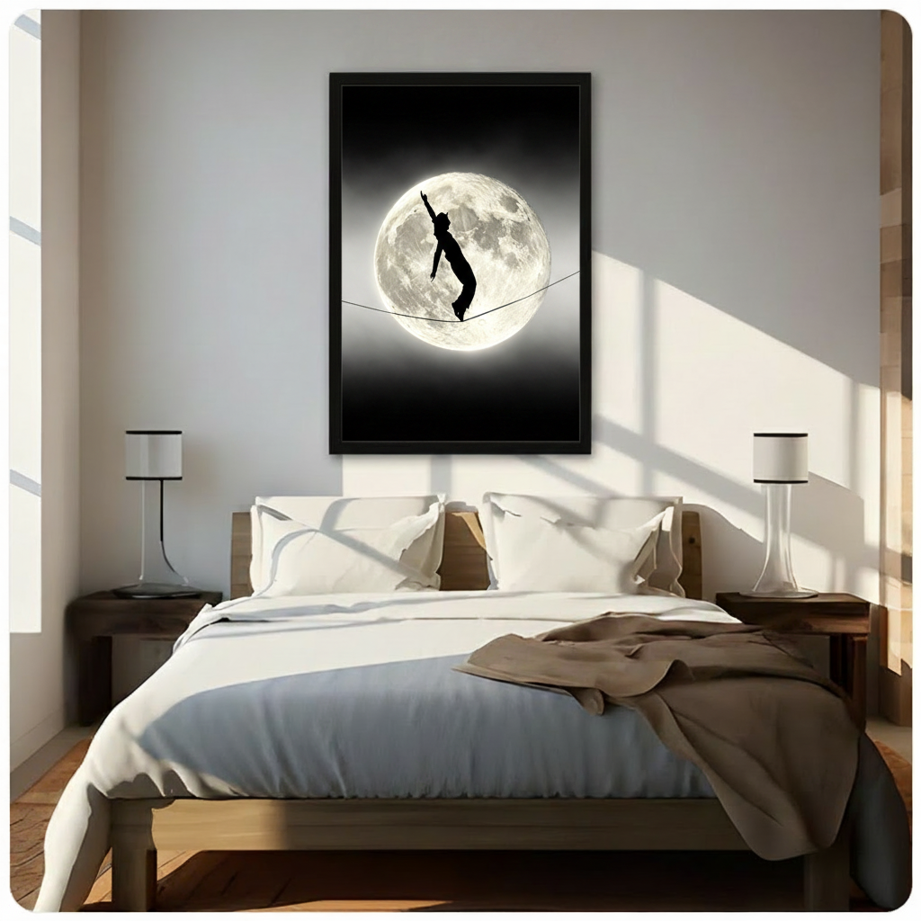 Black and white surreal photograph of a cat-girl silhouette with cat ears and tail balancing on a tightrope in front of a glowing full moon on a dark night sky wall art framed print above bedroom with white bedding and dark wood bedside tables