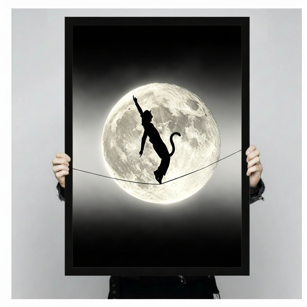 Black and white surreal photograph of a cat-girl silhouette with cat ears and tail balancing on a tightrope in front of a glowing full moon on a dark night sky wall art framed print held against light gray background