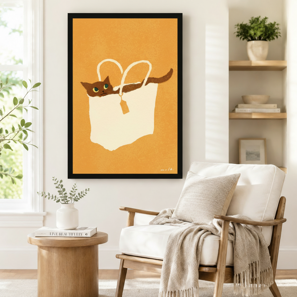 Large black-framed wall art of a laid-back brown cat sprawled inside a cream tote bag against a warm amber background in clean painterly style, styled beside a linen armchair in a Scandinavian-inspired reading nook