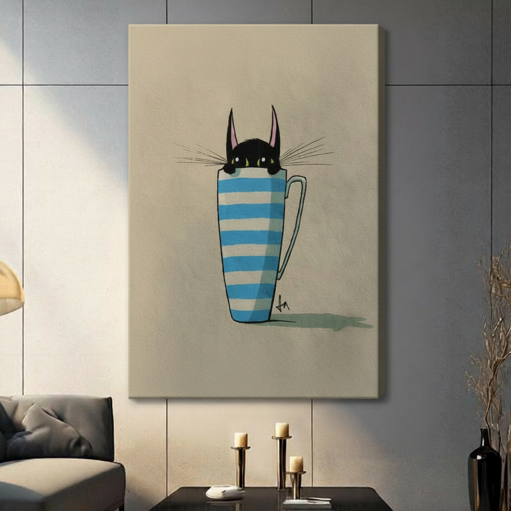 Cute black cat hiding in blue and white striped coffee mug, stretched canvas print displayed on grey wall in contemporary living room
