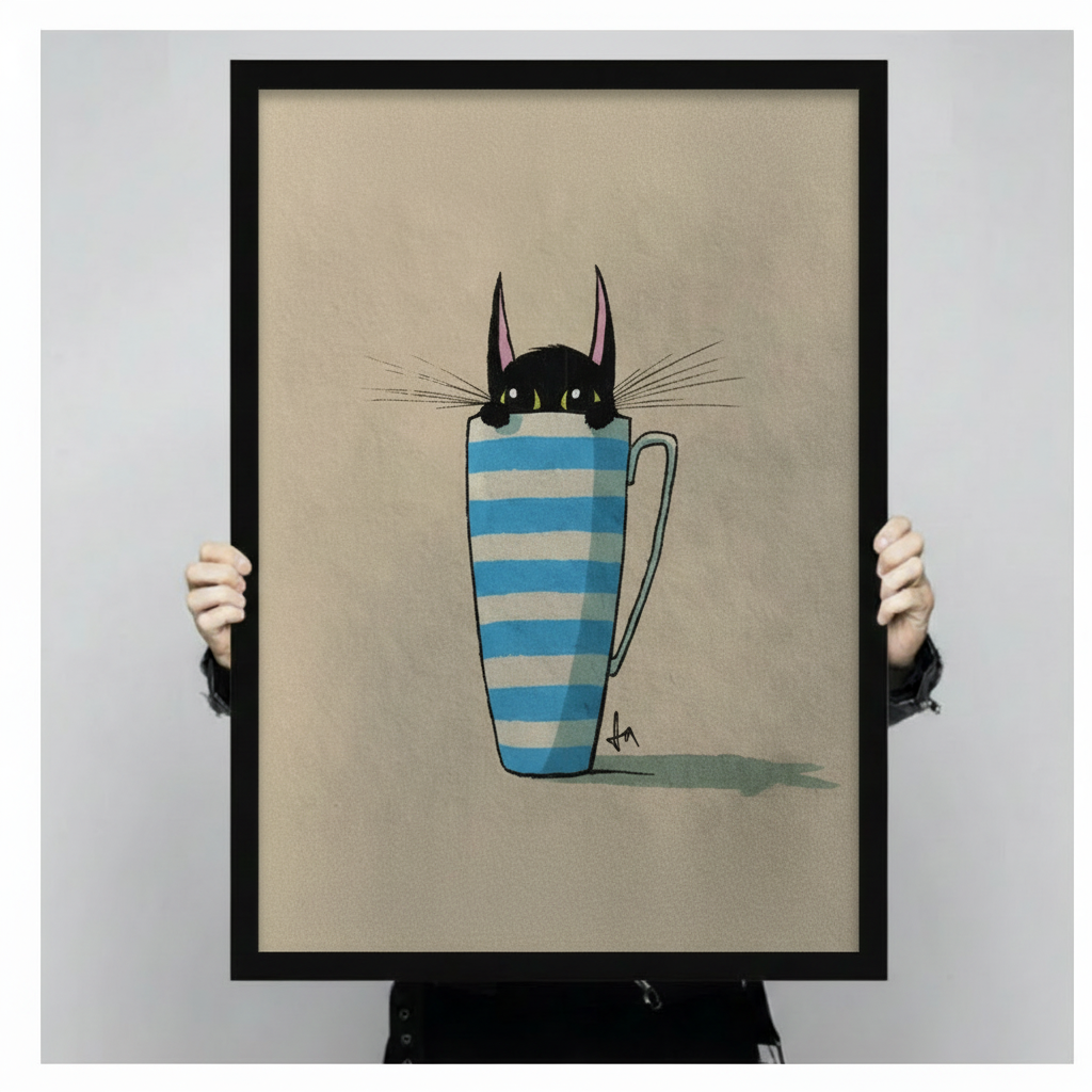 Framed canvas art print of black cat with whiskers peeking out of blue striped mug, held up showing full artwork detail and black frame