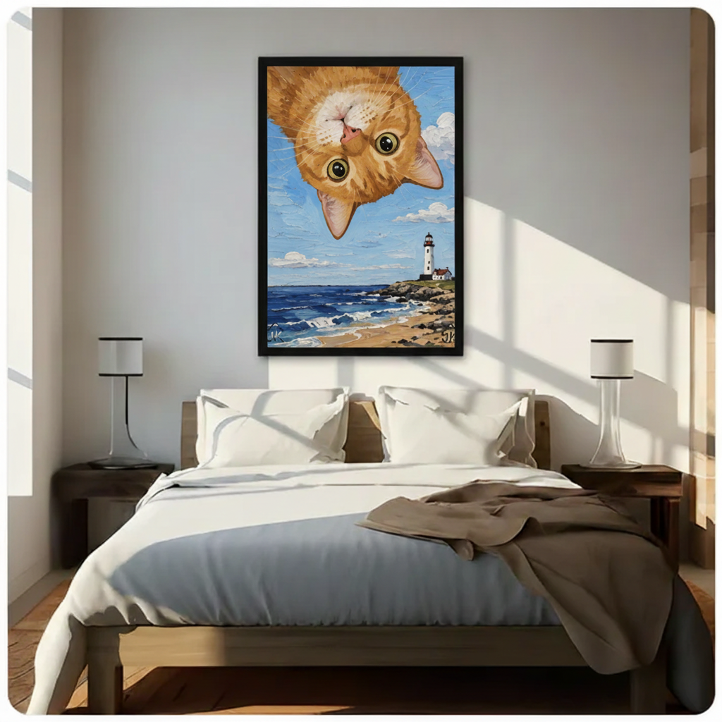Detail view of cat lighthouse stretched canvas art showing print texture — premium quality coastal wall decor
