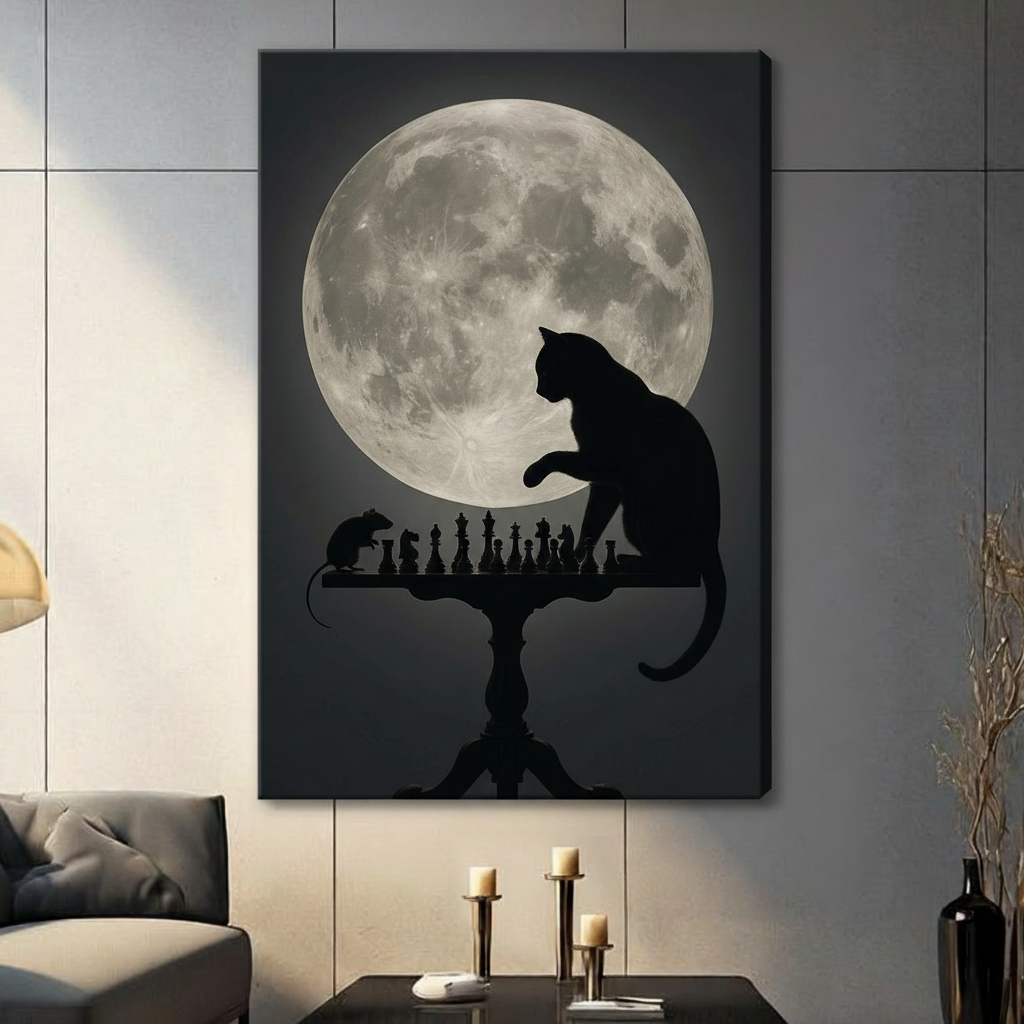 Dramatic silhouette art of a cat and mouse facing each other over a chess board on a classic tripod table with a large detailed full moon backdrop gothic cat wall art stretched canvas in a living room with light gray panel wall dark sofa candle holders and black vase