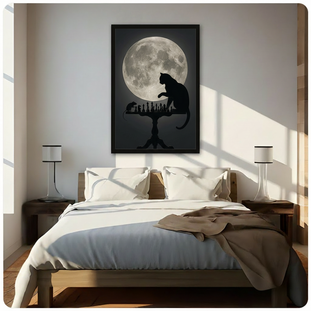 Atmospheric black silhouette of a cat playing chess against a mouse beneath a radiant full moon on a deep charcoal background dark minimalist cat wall art framed print above a bedroom with white linen bedding dark wood bed frame and white table lamps