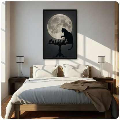 Atmospheric black silhouette of a cat playing chess against a mouse beneath a radiant full moon on a deep charcoal background dark minimalist cat wall art framed print above a bedroom with white linen bedding dark wood bed frame and white table lamps