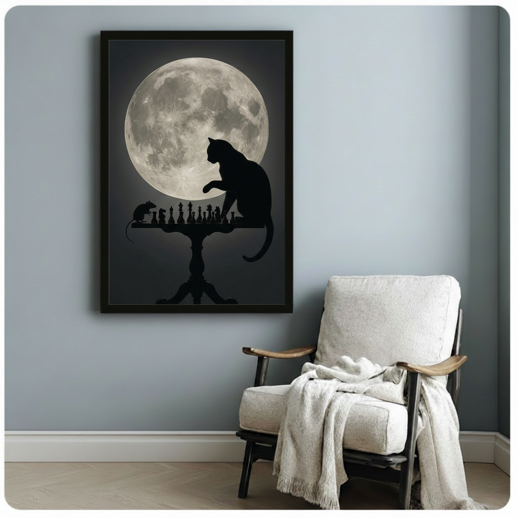 Moody dark minimalist print of a cat silhouette playing chess with a mouse on a pedestal table against a luminous full moon on a deep charcoal background dark academia cat wall art framed print beside a white linen armchair with a cream throw blanket on a blue gray wall