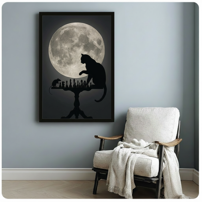 Moody dark minimalist print of a cat silhouette playing chess with a mouse on a pedestal table against a luminous full moon on a deep charcoal background dark academia cat wall art framed print beside a white linen armchair with a cream throw blanket on a blue gray wall