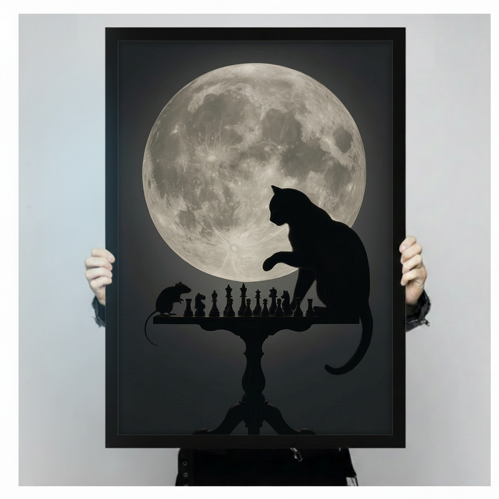 Gothic silhouette illustration of a cat and mouse engaged in a chess match on an antique table with a glowing full moon centered behind them on a dark gray background dramatic cat wall art framed print held against a light gray background