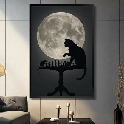 Black silhouette of a cat playing chess against a mouse on an antique pedestal table beneath a glowing full moon dark minimalist cat wall art framed print in a living room with light gray panel wall dark sofa candle holders and black vase