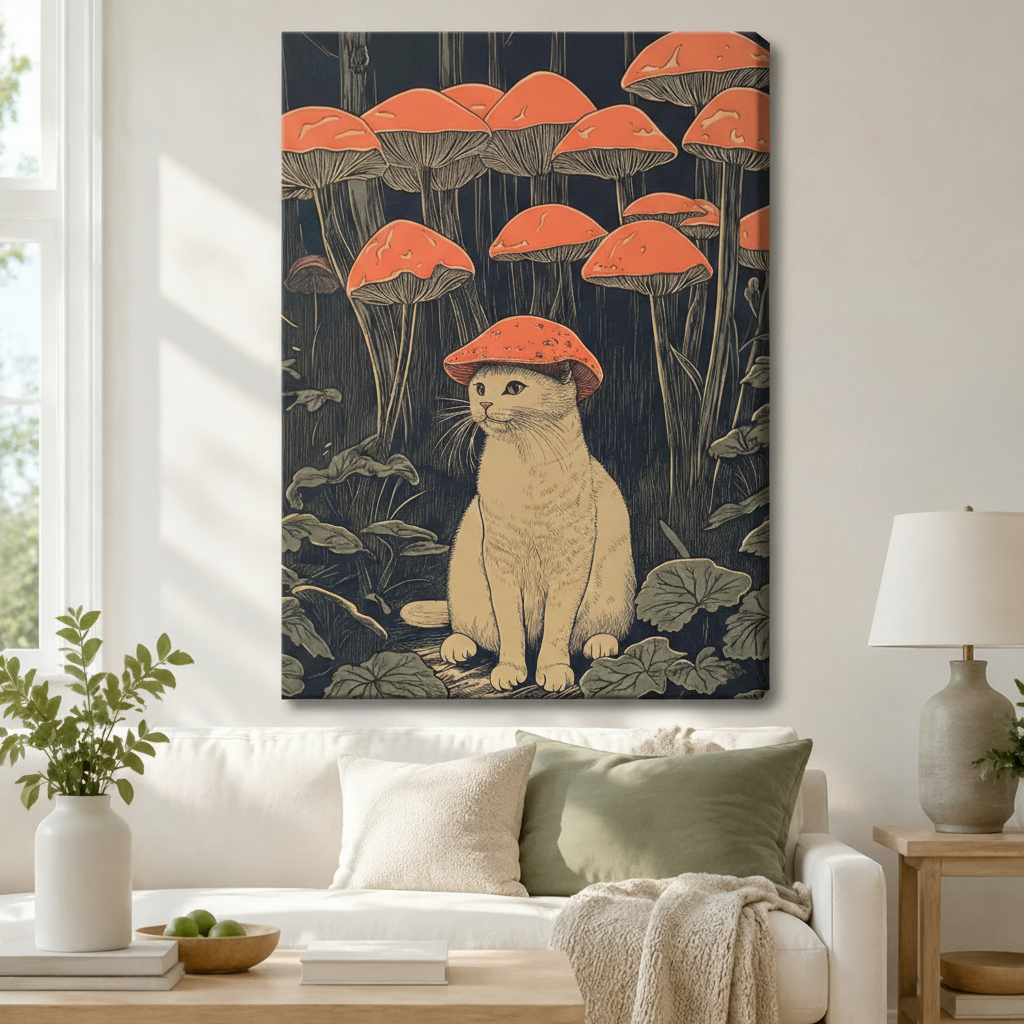 Gallery-wrapped canvas of a white cat wearing a red mushroom cap surrounded by forest mushrooms hanging above a white sofa in a cozy living room