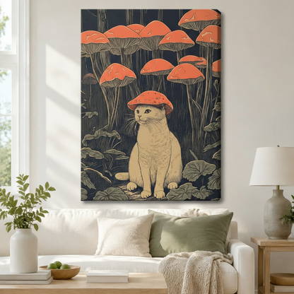 Gallery-wrapped canvas of a white cat wearing a red mushroom cap surrounded by forest mushrooms hanging above a white sofa in a cozy living room
