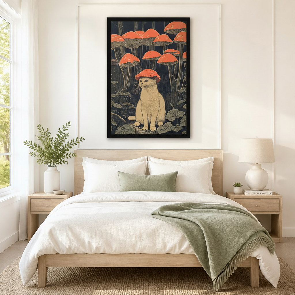  Framed white cat mushroom forest woodblock art print hung above a minimalist wooden bed in a serene neutral bedroom