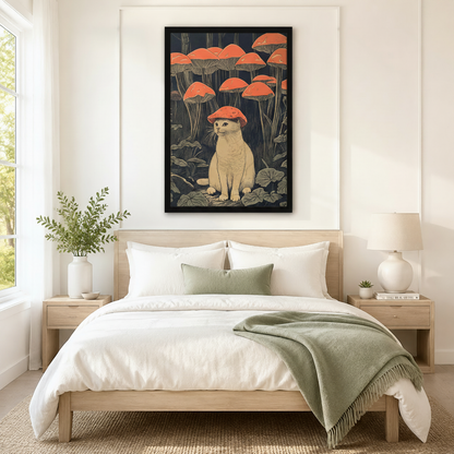  Framed white cat mushroom forest woodblock art print hung above a minimalist wooden bed in a serene neutral bedroom