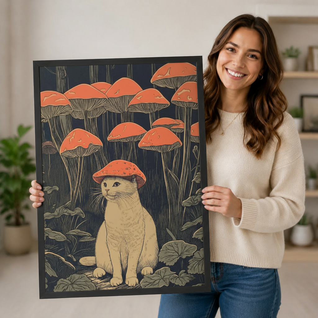 Smiling woman holding a large framed cat with red mushroom hat woodblock art print showing artwork size and detail