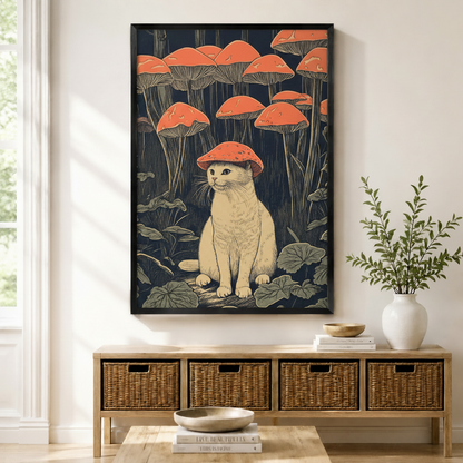 Framed cat with red mushroom hat woodblock print art displayed above a rattan console table in a bright entryway